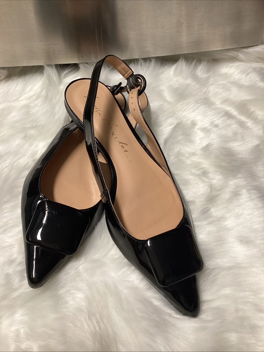 Black Patent Pointed Slingback Flats with Square Vamp